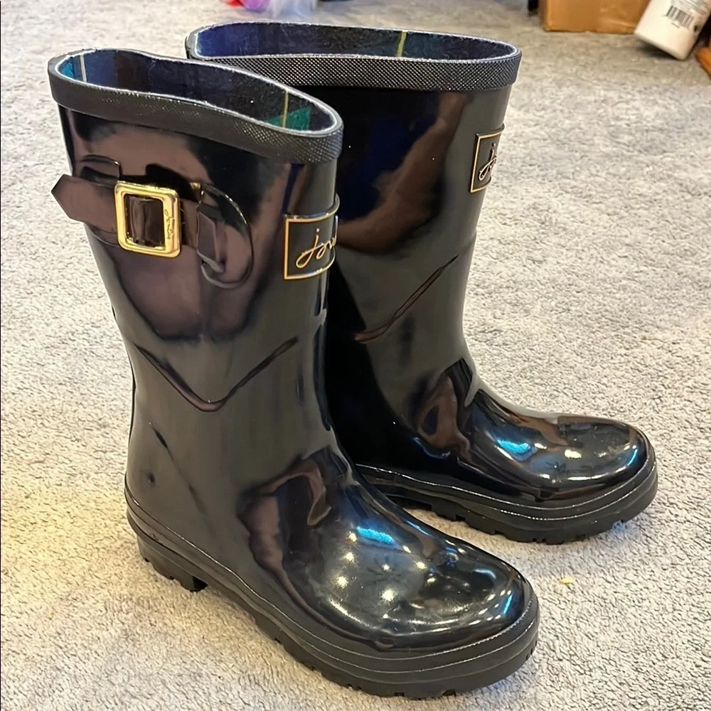 Joules Kelly Welly Black Glossy Rain Boots with Buckle US 5 UK 3